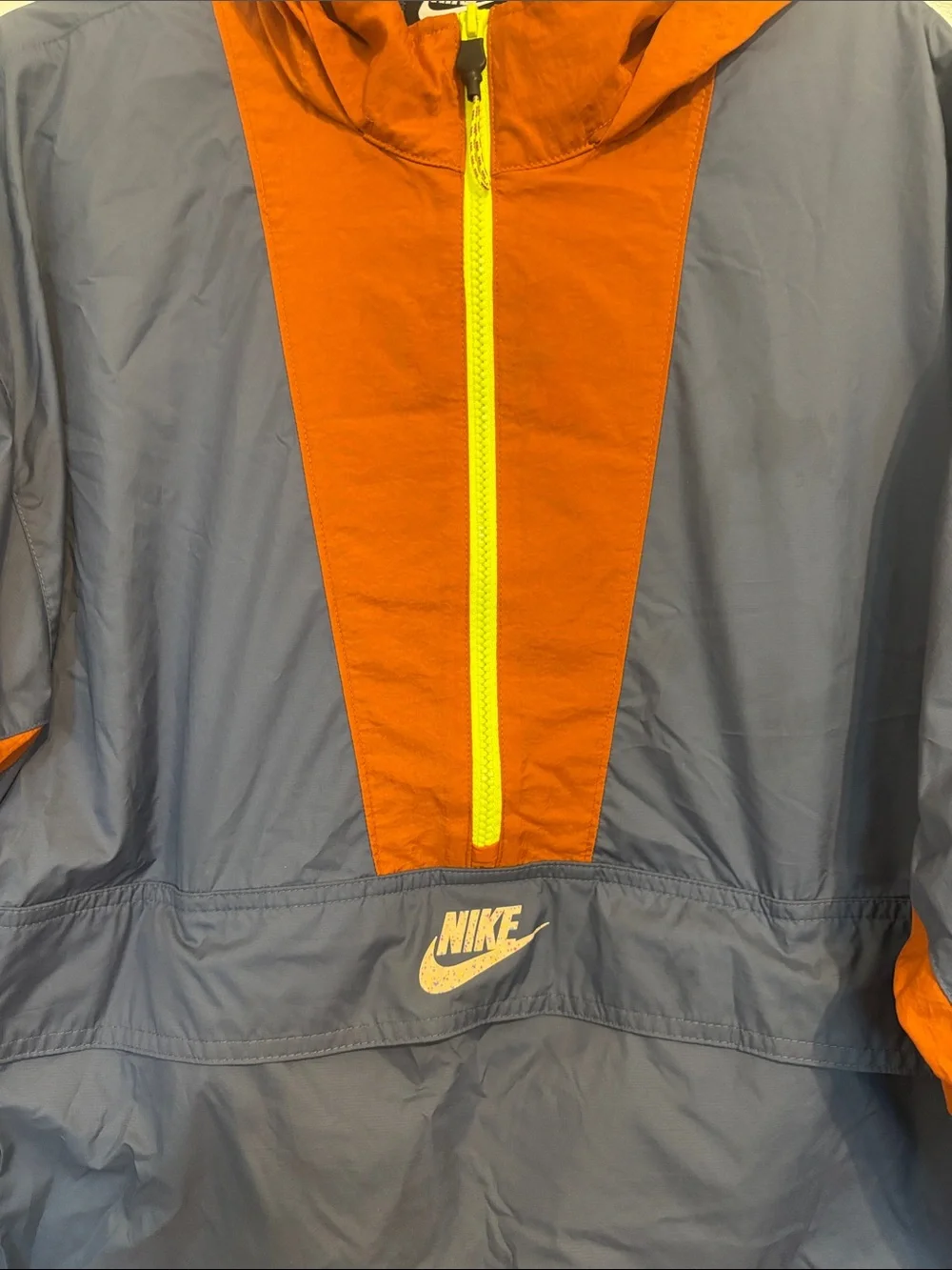Nike Hooded Pullover Anorak Jacket in Blue & Rust with Neon Yellow  packable